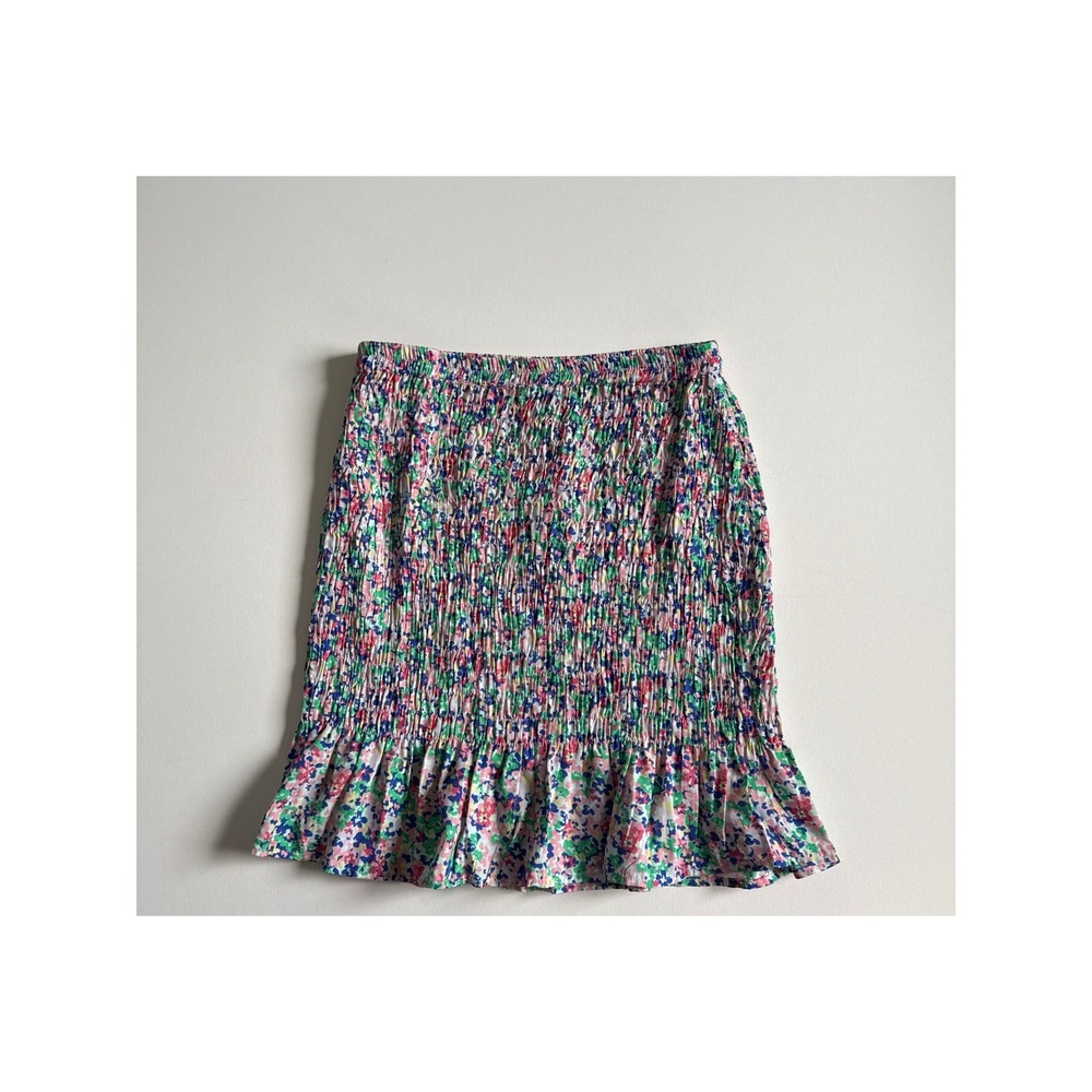 Vero Moda Henna Smocked Mini Skirt S Brook Green Floral Ruffle Hem NEW